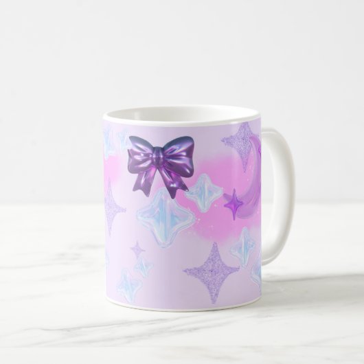 Kawaii Pastel Girly 3D Coquette Bow Moon Tasse (VorderseiteRechts)
