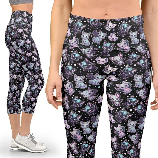 Kawaii Pastel Goth Cat-Bat Harajuku Yoga Capri Leggings