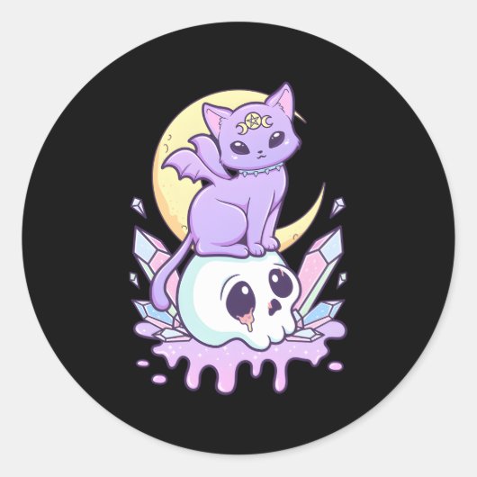 Kawaii Pastel Goth Creepy Witchy Cat and Skull Runder Aufkleber (Vorderseite)