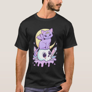 Kawaii Pastel Goth Creepy Witchy Cat and Skull T-Shirt
