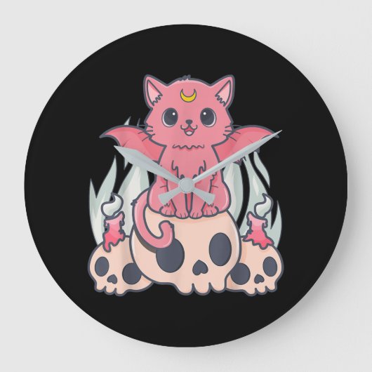 Kawaii Pastel Goth Cute Creepy Demon Cat and Skull Große Wanduhr (Vorderseite)