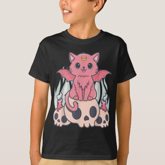 Kawaii Pastel Goth Niedliche Creepy Demon Cat and T-Shirt (Vorderseite)