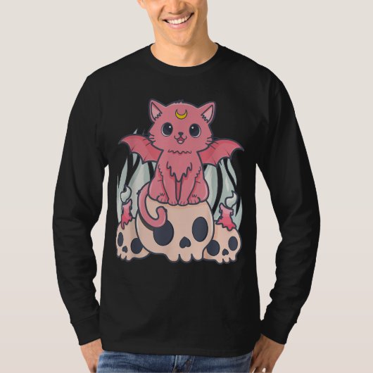 Kawaii Pastel Goth Niedliche Creepy Demon Cat and T-Shirt (Vorderseite)