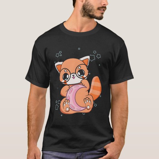 Kawaii Pastel Goth Red Panda Chibi Anime Moon T-Shirt (Vorderseite)