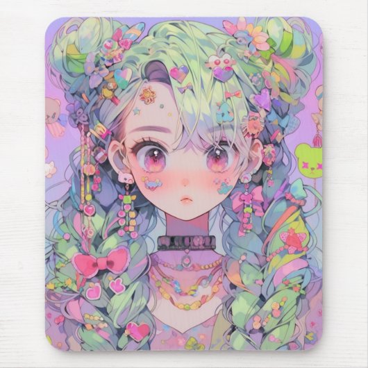 Kawaii Pastel Harajuku Anime Girl mit Braids Mousepad (Vorne)