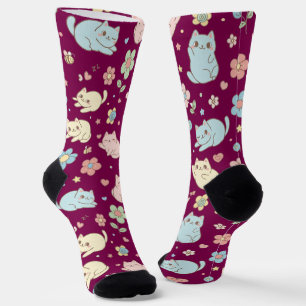 Kawaii Pastel Katzen und Blume Muster Socken