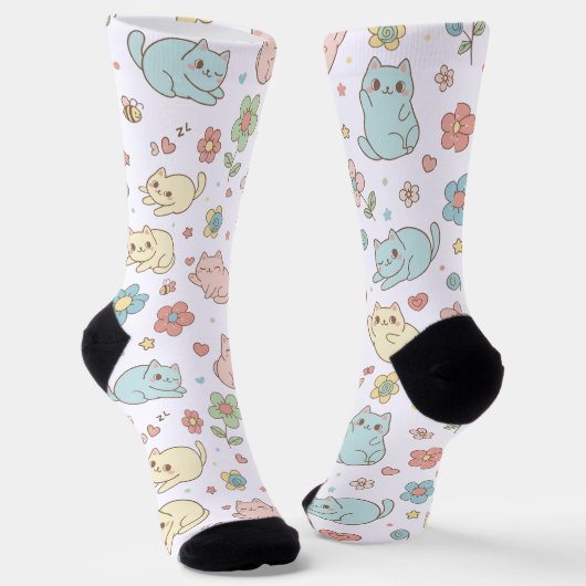 Kawaii Pastel Katzen und Blume Muster Socken (Gewinkelt)