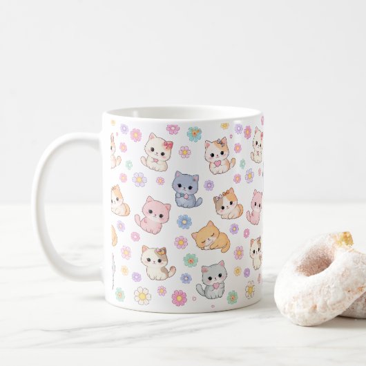 Kawaii Pastel Kittens and Flowers Pattern Mug Kaffeetasse (Mit Donut)