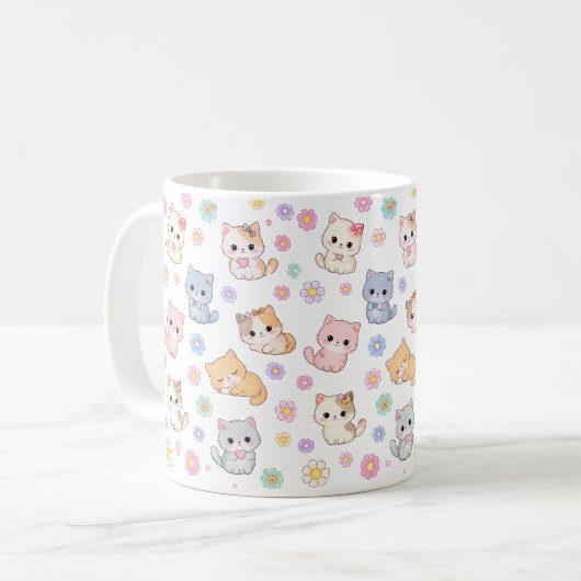 Kawaii Pastel Kittens and Flowers Pattern Mug Kaffeetasse (Vorderseite Links)