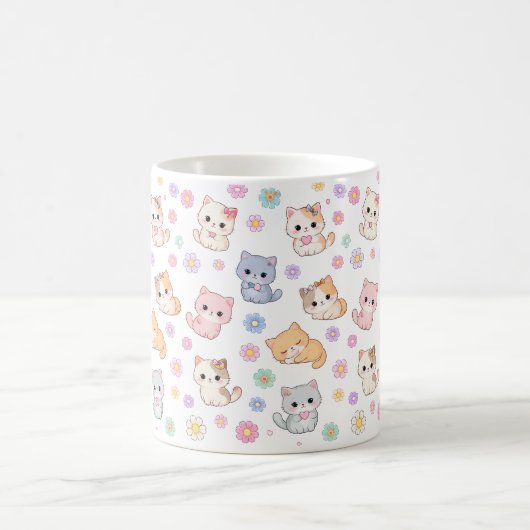 Kawaii Pastel Kittens and Flowers Pattern Mug Kaffeetasse (Mittel)