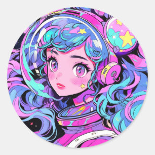 Kawaii Pastel Pink und Blue Space Anime Girl Runder Aufkleber