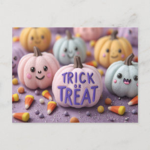 Kawaii Pastel Pumpkins mit Trick oder Treten Text Feiertagspostkarte