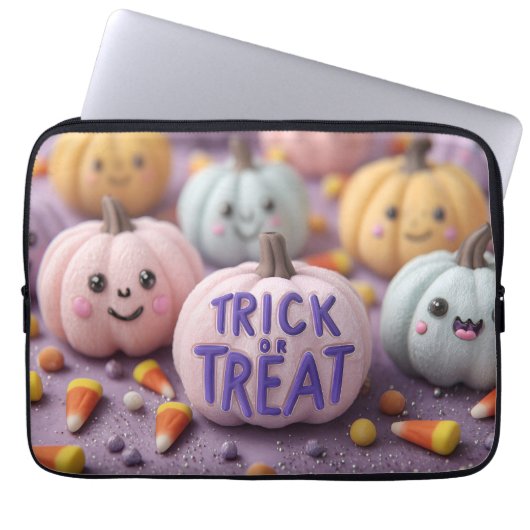 Kawaii Pastel Pumpkins mit Trick oder Treten Text Laptopschutzhülle (Vorderseite)