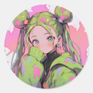 Kawaii Pastel Spritzer Anime Girl Runder Aufkleber