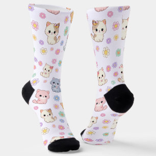 Kawaii Pastell-Kätzchen und Blumen Socken