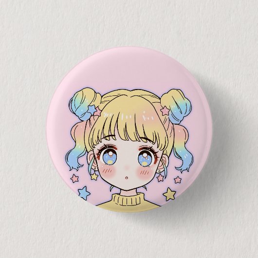 Kawaii Pastell-Star-Mädchen-Porträt Button (Vorderseite)