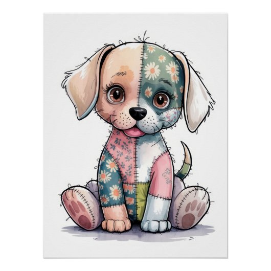 Kawaii Patchwork Puppy | Creative Stitched Plush A Poster (Vorderseite)