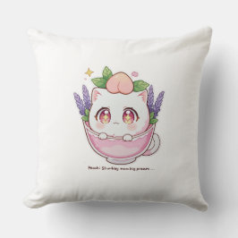 Kawaii Peach Cat in Lavender Teacup Throw Kissen