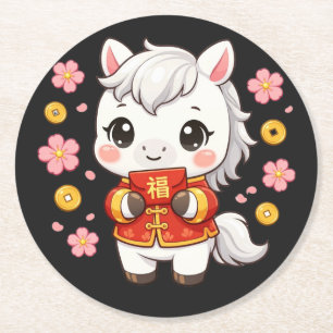 Kawaii Pferd Chinesisches Neujahr Runder Pappuntersetzer