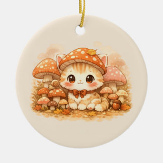 Kawaii-Pilzwald-Kätzchen - Süßes Herbst-Katze Keramik Ornament