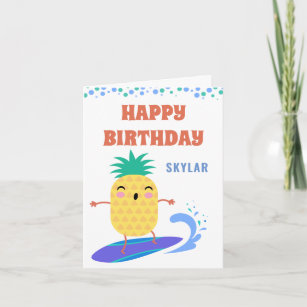 Kawaii Pineapple Surfer Happy Birthday Pool Party Karte