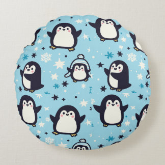 Kawaii Pinguine mit Winterschneeflocken nahtlos Rundes Kissen