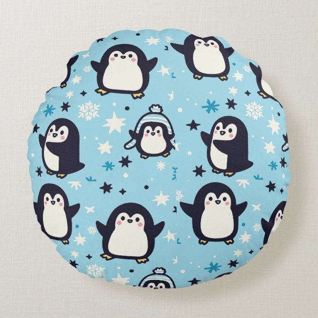 Kawaii Pinguine mit Winterschneeflocken nahtlos Rundes Kissen (Vorderseite)