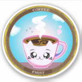 Kawaii Pink Cat Cup of coffee. Kaffee zuerst Aufkleber (Vorderseite)