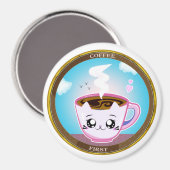 Kawaii Pink Cat Cup of coffee. Kaffee zuerst Magnet (Vorderseite/Rückseite)
