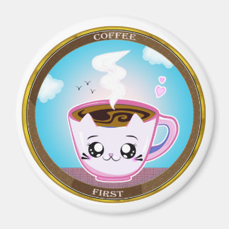 Kawaii Pink Cat Cup of coffee. Kaffee zuerst Magnet