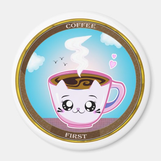 Kawaii Pink Cat Cup of coffee. Kaffee zuerst Magnet (Vorne)