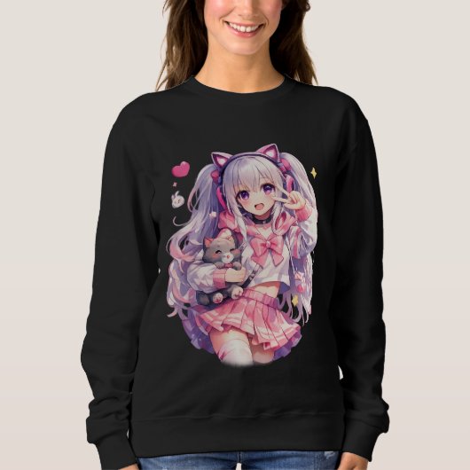 Kawaii Pink Catgirl Cheer Pose Sweatshirt (Vorderseite)