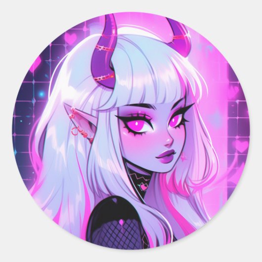Kawaii Pink Demon Girl Runder Aufkleber (Vorderseite)