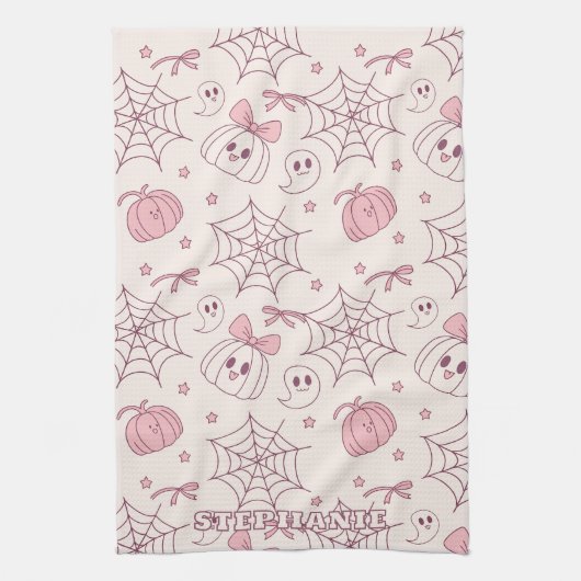 Kawaii Pink Halloween Ghosts & Pumpkin (2) Geschirrtuch (Vertikal)