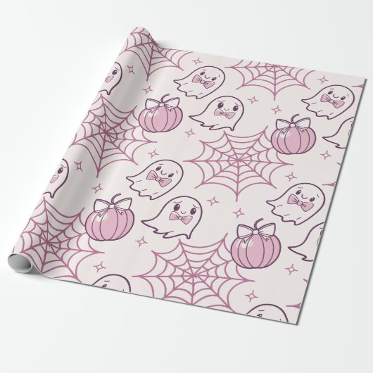 Kawaii Pink Halloween Ghosts & Pumpkin Geschenkpapier (Ungerollt)