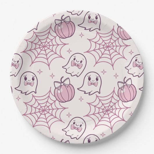 Kawaii Pink Halloween Ghosts & Pumpkin Pappteller (Vorderseite)