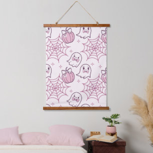 Kawaii Pink Halloween Ghosts & Pumpkin Wandteppich Mit Holzrahmen