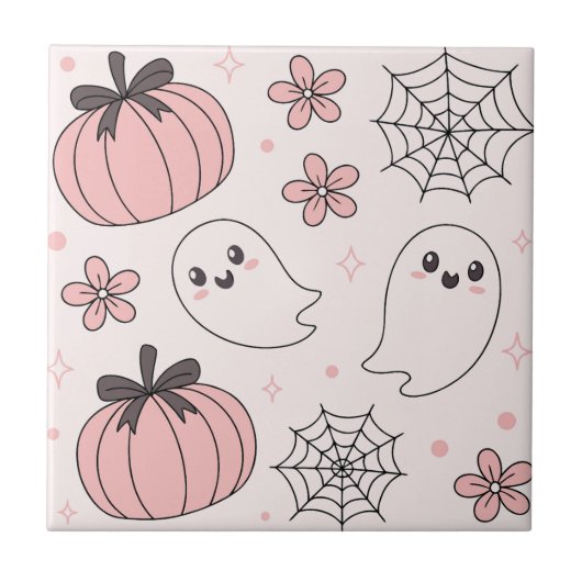 Kawaii Pink Halloween Ghosts & Pumpkins Fliese (Vorderseite)