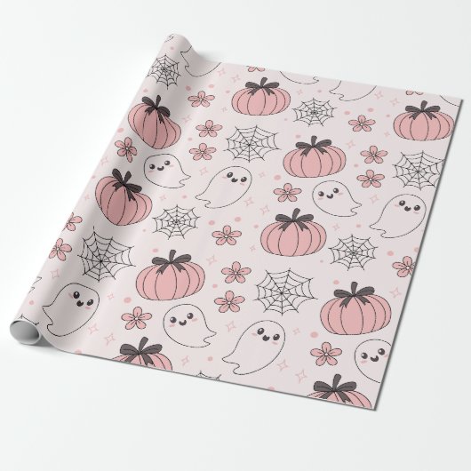 Kawaii Pink Halloween Ghosts & Pumpkins Geschenkpapier (Ungerollt)