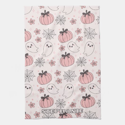 Kawaii Pink Halloween Ghosts & Pumpkins Geschirrtuch (Vertikal)