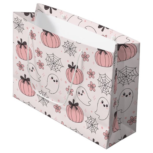 Kawaii Pink Halloween Ghosts & Pumpkins Große Geschenktüte (Vorderseite Schrägansicht)