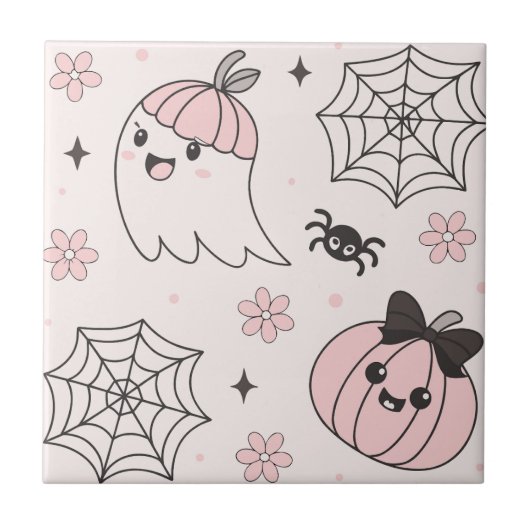 Kawaii Pink Halloween Muster mit Ghost, Pumpkin Fliese (Vorderseite)