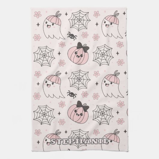 Kawaii Pink Halloween Muster mit Ghost, Pumpkin Geschirrtuch (Vertikal)