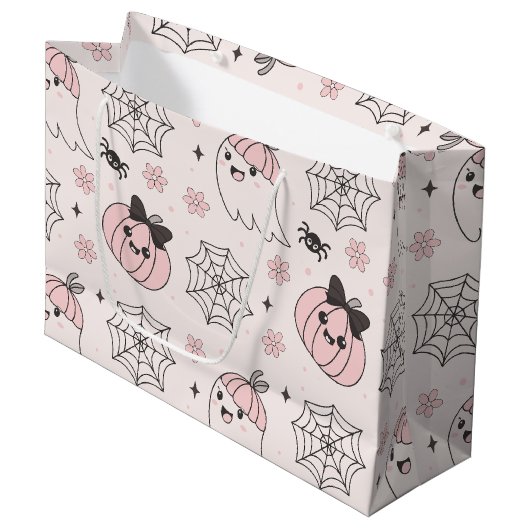 Kawaii Pink Halloween Muster mit Ghost, Pumpkin Große Geschenktüte (Vorderseite Schrägansicht)