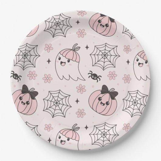 Kawaii Pink Halloween Muster mit Ghost, Pumpkin Pappteller (Vorderseite)