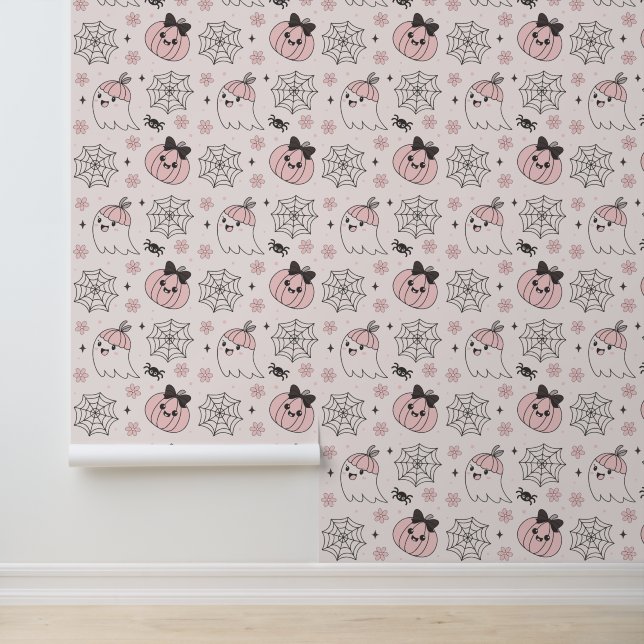 Kawaii Pink Halloween Muster mit Ghost, Pumpkin Tapete (Anwendung)