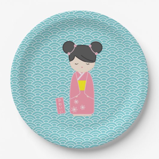 Kawaii Pink Kokeshi Pappteller (Vorderseite)