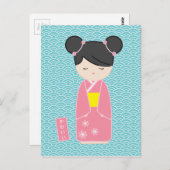 Kawaii Pink Kokeshi Postkarte (Vorne/Hinten)