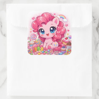 Kawaii Pink Pony Chibi Art – Sweet Candy & Cupcake Quadratischer Aufkleber
