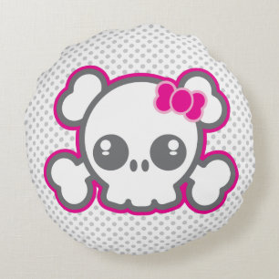 Kawaii Pink Ribbon Skull Round Pillow Rundes Kissen